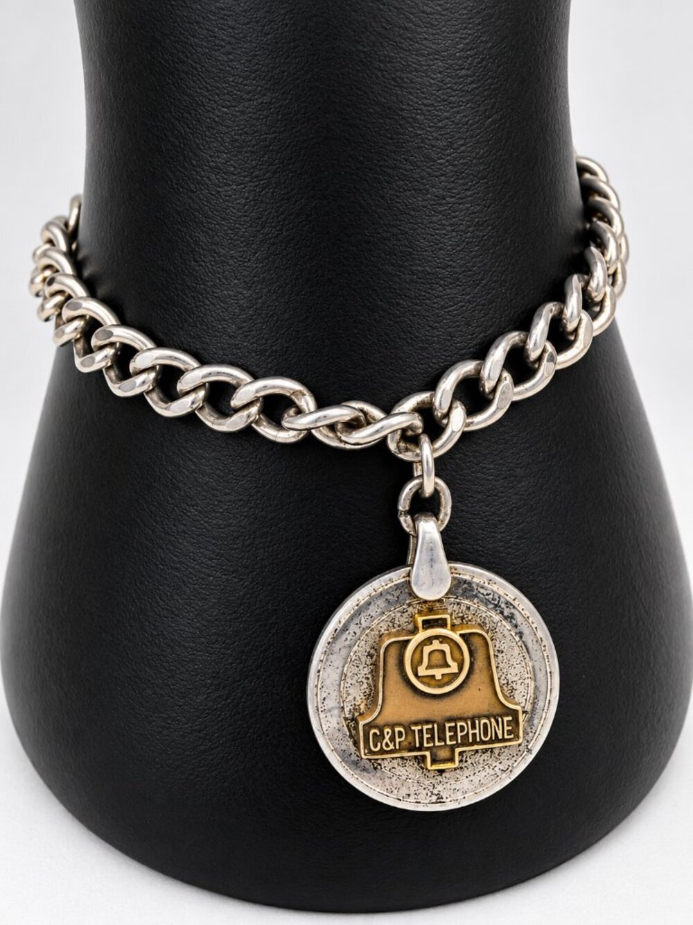 Vintage C&P Telephone Bell Charm Bracelet Silver Gold Tone Telecom Jewelry